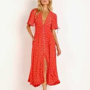 Cleobella Olivia Midi Dress Red Salsa Print Women Medium Feminine Smocked Waist